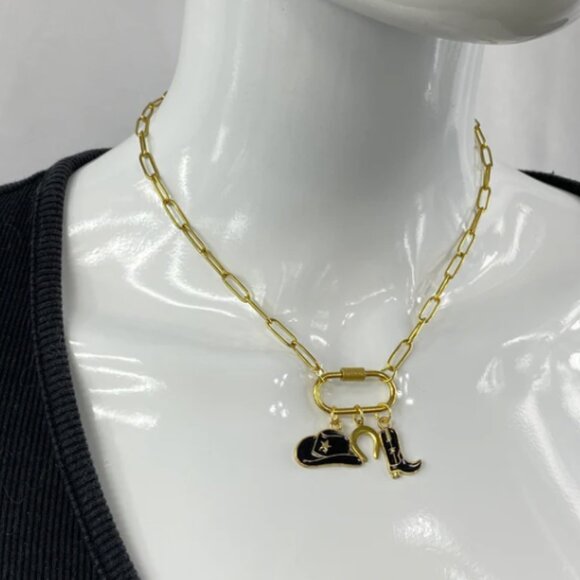 Oval Carabiner Cowgirl Cowboy Charms on Paperclip Chain Necklace - Picture 5 of 7